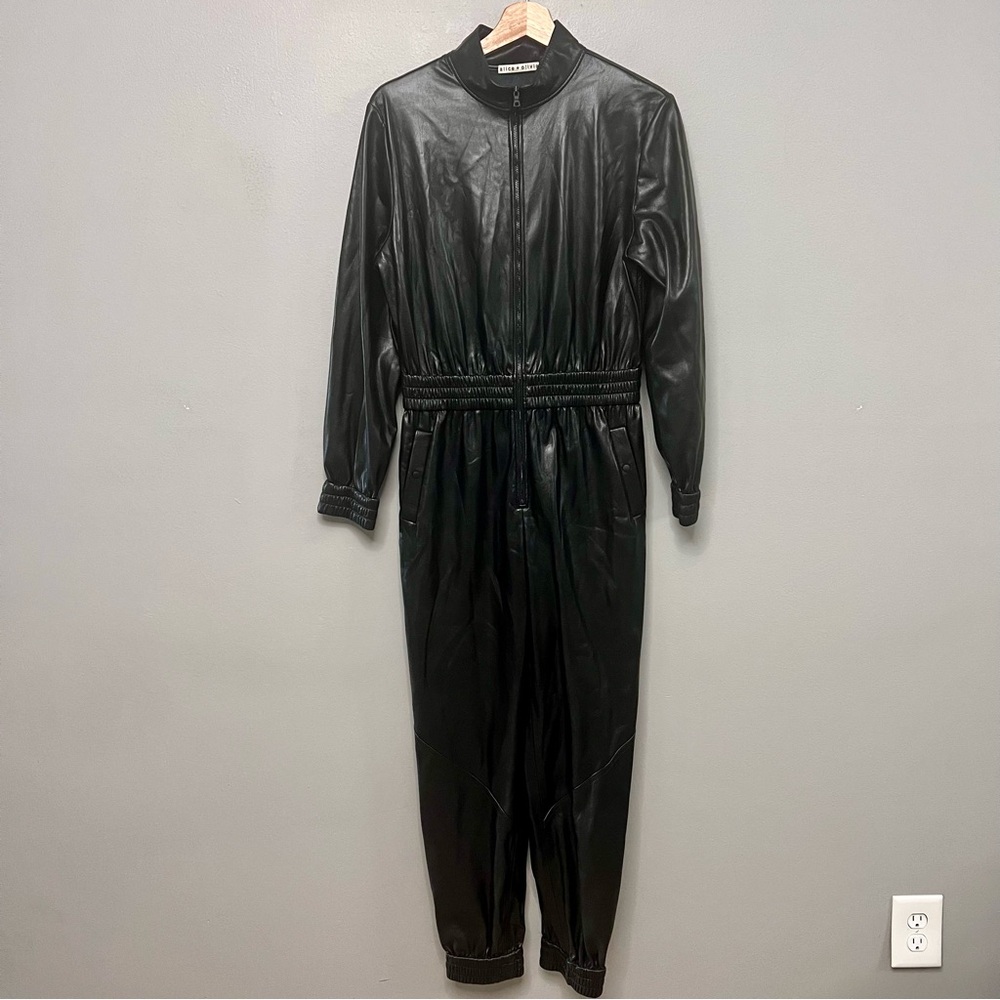 Alice + Olivia Levi Long Sleeve Black Faux Leather Jumpsuit Size Medium